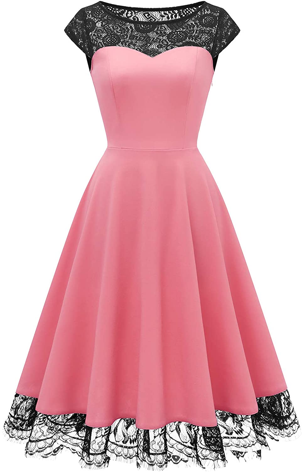 Price:$28.89    Homrain Women's 1950s Vintage Rockabilly Cocktail Floral Lace Scoop Cap Sleeves Party Dress Coral L  Clothing