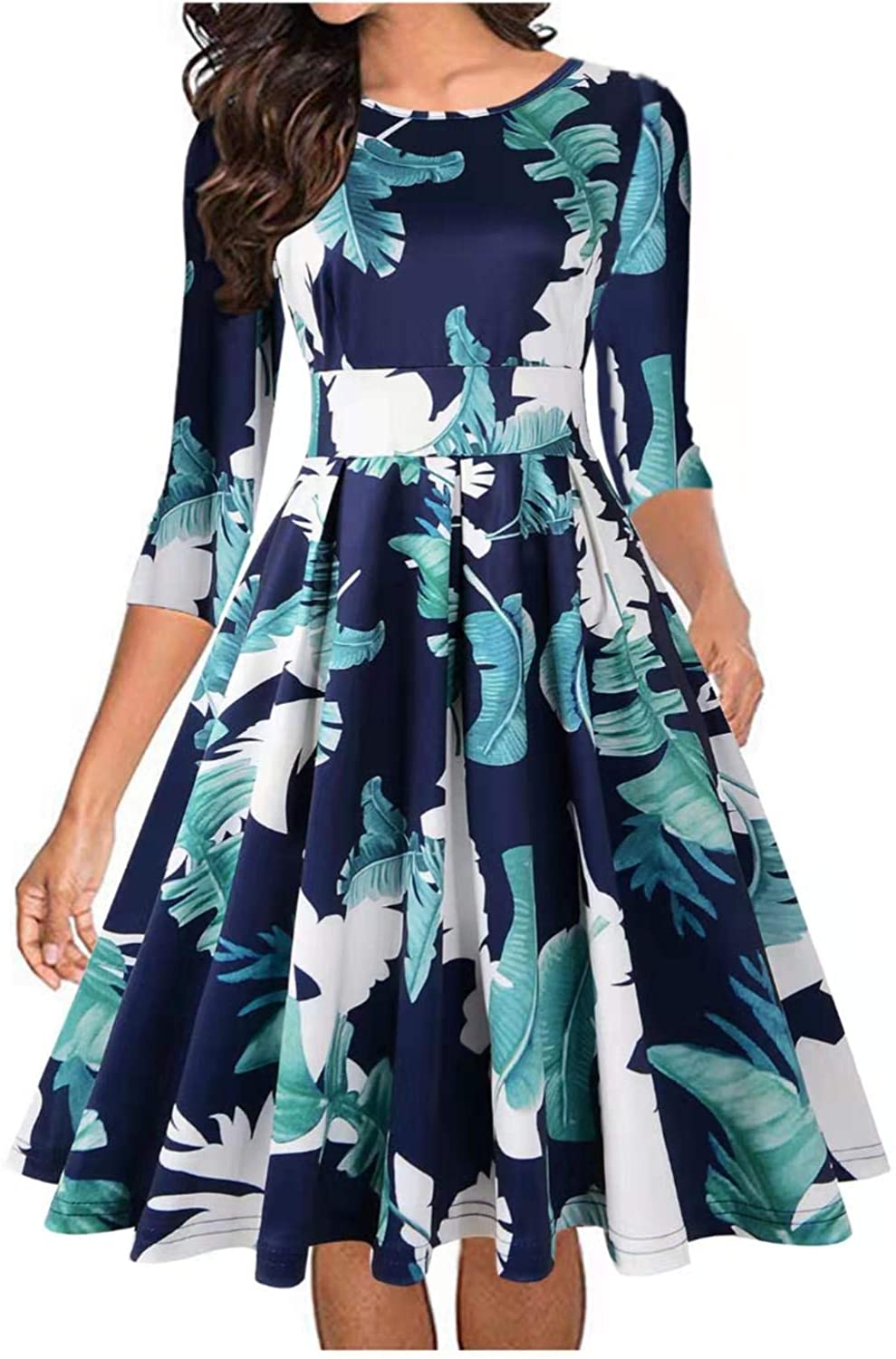Price:$17.48 CUQY Women's 1950s Retro Vintage Cocktail Party Swing 3/4 Sleeve Casual Dress at Amazon Women’s Clothing store