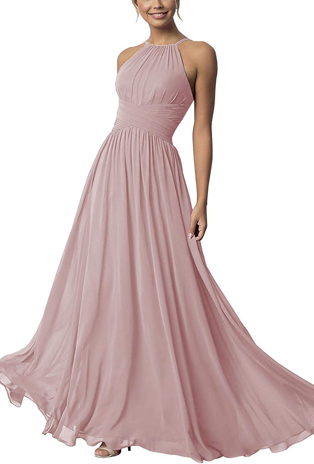 Price:$59.99 Clothfun Women's Halter Bridesmaid Dress Long A-Line Prom Wedding Party Gowns at Amazon Women’s Clothing store