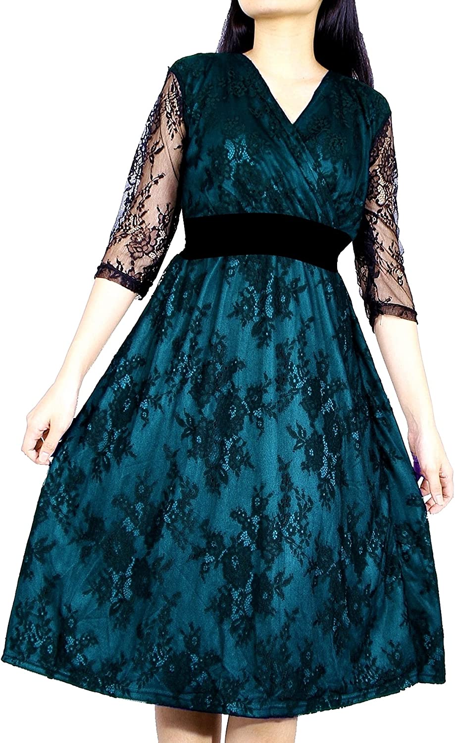 Price:$33.99    Women Vintage Floral Lace Wedding Party Formal Evening Cocktail 3/4 Long Sleeve Plus Size Dress  Clothing