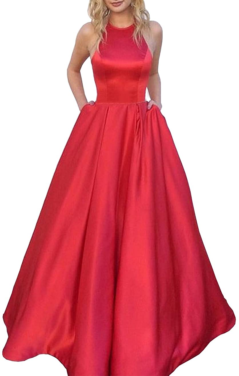 Price:$99.99    Women's Halter A-line Satin Evening Prom Dress Long Formal Party Gown with Pockets Size 2 Red  Clothing