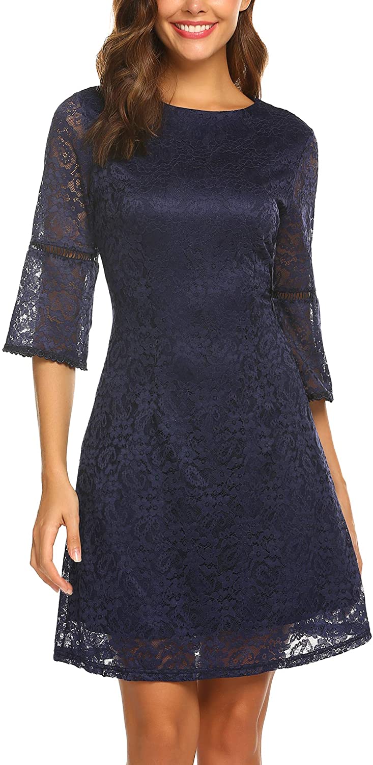 Price:$13.99    Zeagoo Women's 3/4 Flare Sleeve Floral Lace Elegant A-Line Cocktail Party Mini Dress  Clothing