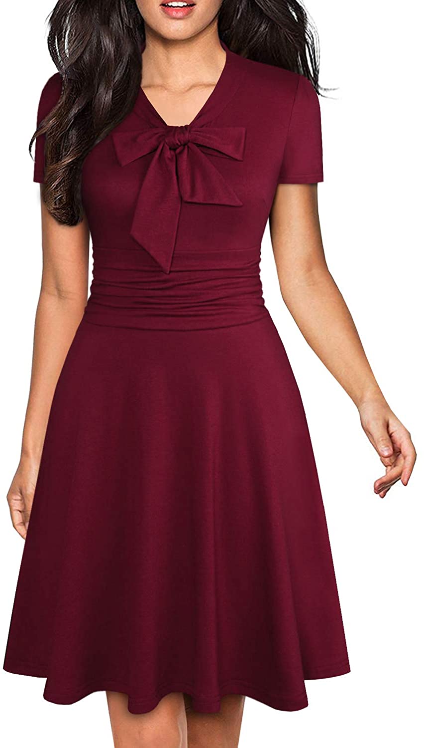 Price:$19.98 YATHON Women's Elegant Bow Tie Swing Casual Party Dresses Vintage Ruched Stretchy A-line Skater Dress at Amazon Women’s Clothing store