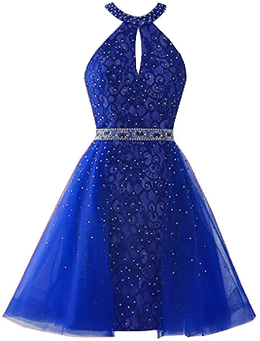 Price:$24.98    Halter Homecoming Dresses Short Beaded Lace Backless Prom Party Gowns for Juniors  Clothing