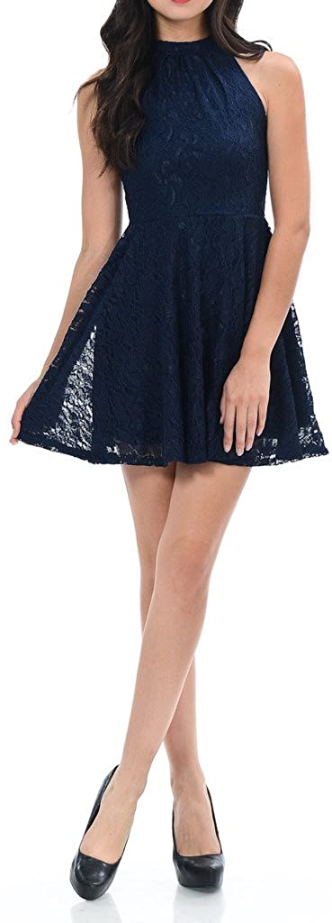 Price:$21.99    Auliné Collection Womens Halter Sleeveless Floral Lace Skater Dress  Clothing