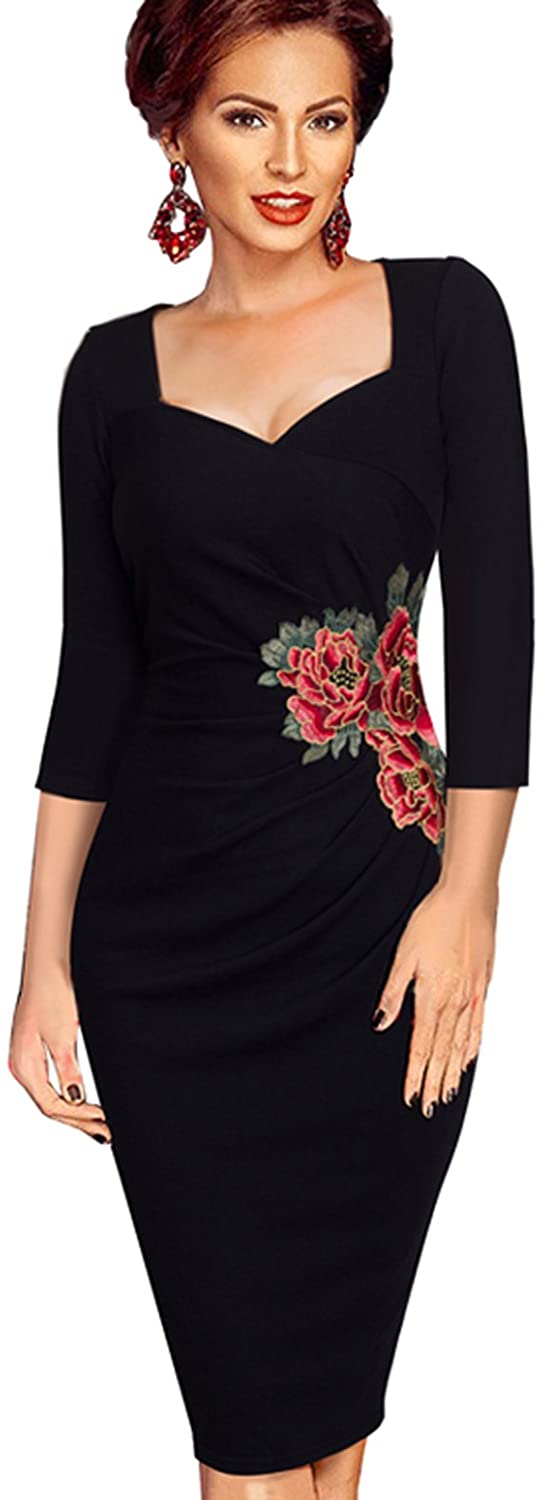 Price:$24.99    Merope J Womens Embroidered 3/4 Sleeves Square Neck Pencil Floral Elegant Dress  Clothing