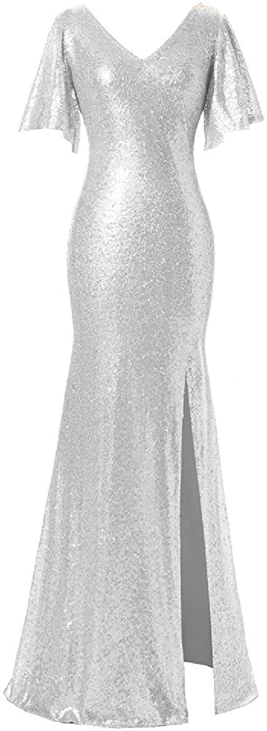 Price:$69.69    YSMei Women's Long Sequin Evening Gown V Neck Cap Sleeve Prom Dress Ypm323  Clothing