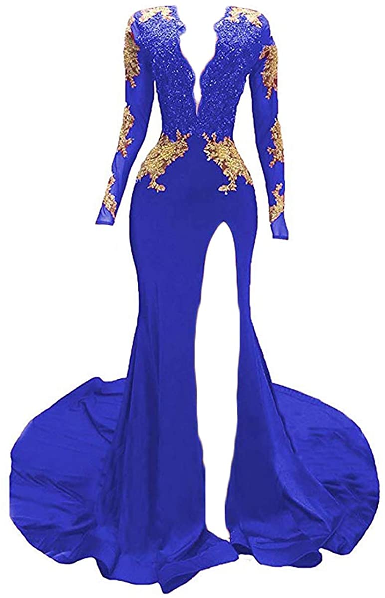 Price:$99.99 Fanao Women's V-Neck Mermaid Long Sleeves Gold Appliques Split Party Prom Gown at Amazon Women’s Clothing store
