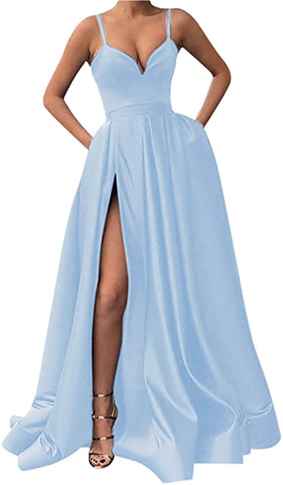 Price:$79.00    Fanciest Women's Spaghetti Straps Slit Satin Prom Evening Dresses with Pockets Light Blue US4  Clothing