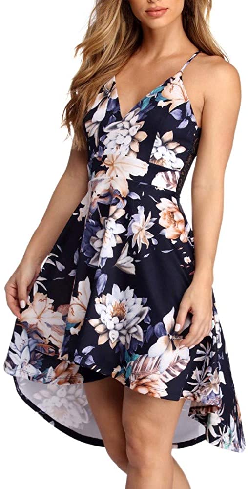 Price:$24.99    FANCYINN Women High-Low Hem Dress Spaghetti Straps Deep V Neck Floral Backless A Line Skater Cocktail Dresses with Pockets  Clothing