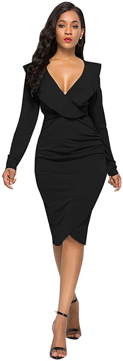Price:$15.88    YMING Women’s Ruffle V-Neck Sleeveless Cocktail Evening Party Falbala Bodycon Dress  Clothing