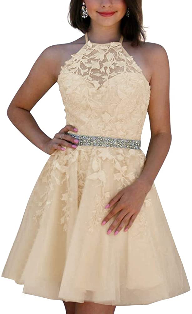 Price:$89.90    ALFEICE Women's Aline Tulle Halter Lace Party Prom Mini Gown  Clothing