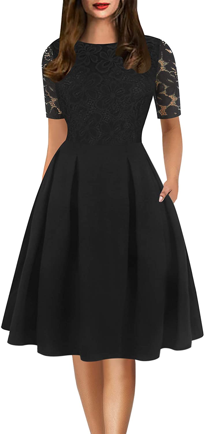 Price:$28.99    oxiuly Women's Lace Floral Crew Neck Elegant Pockets Swing Dress for Party OX306  Clothing