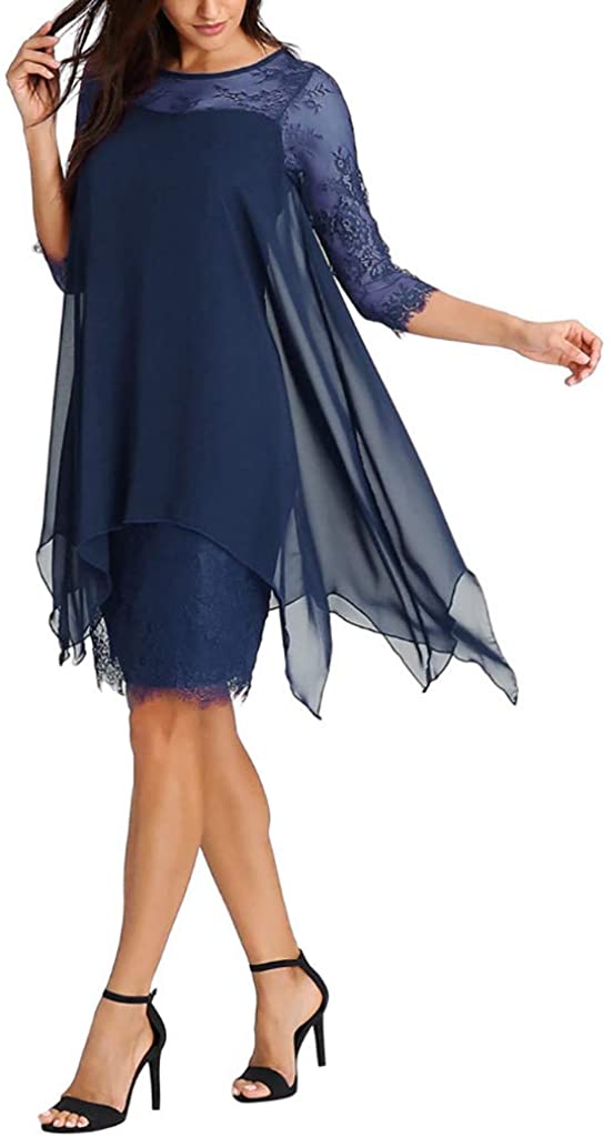Price:$17.66 2019 New Women Chiffon Overlay Three Quarter Sleeve Lace Dress Oversize S-5XL(Size Runs Small) at Amazon Women’s Clothing store
