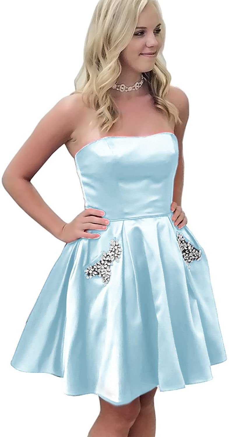 Price:$9.99    HONGFUYU Homecoming Dress Satin Strapless A-line Semi Formal Gowns with Beaded Pockets Prom Dresses  Clothing
