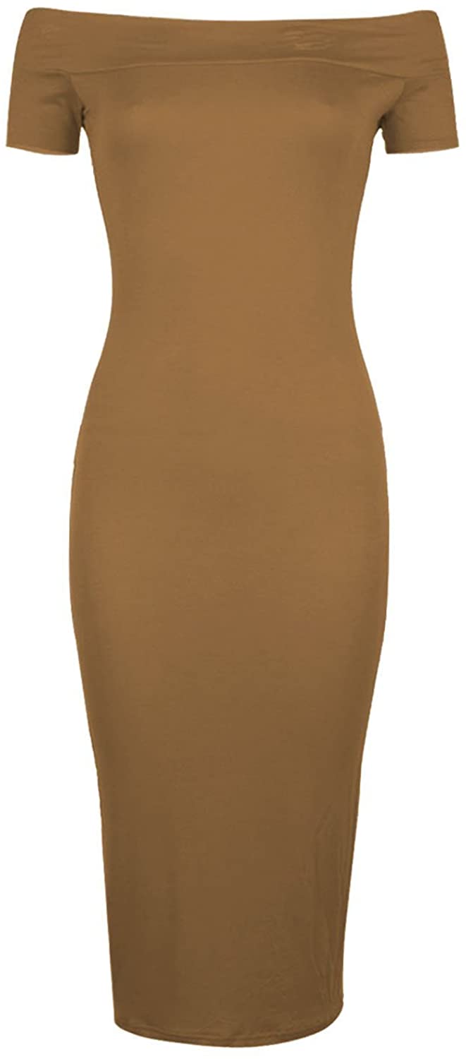 Price:$4.89 Forever Womens Cap Sleeves Plain Off Shoulder Stretchy Midi Dress at Amazon Women’s Clothing store