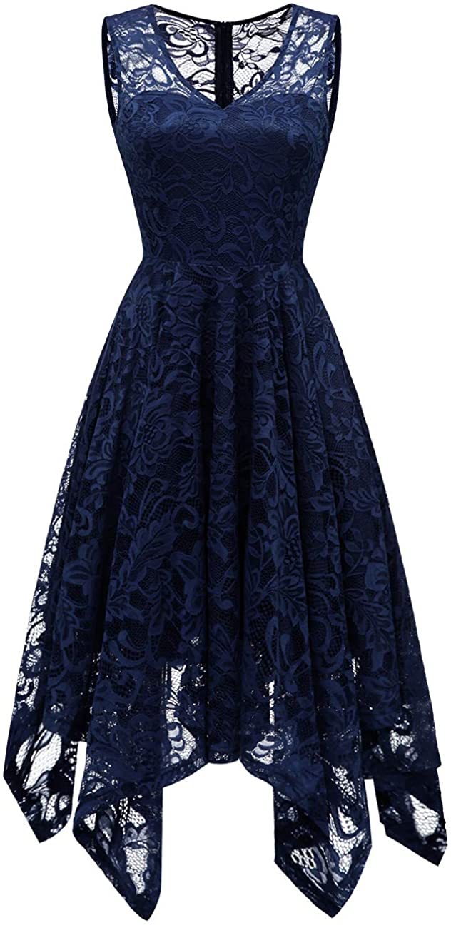 Price:$36.99    Meetjen Women's Elegant Floral Lace Sleeveless Handkerchief Hem Asymmetrical Cocktail Party Swing Dress Navy 2XL  Clothing