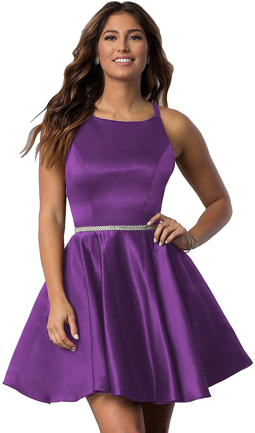 Price:$59.99    YGSY Women's Scoop Neck Satin Prom Dress Short Homecoming Dresses With Pockets  Clothing