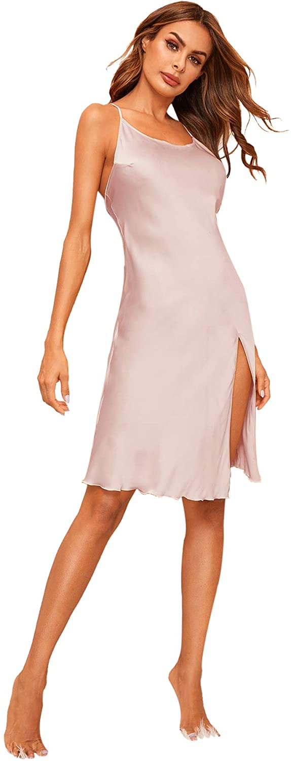 Price:$15.99    MakeMeChic Women's Summer Split Criss Cross Back Satin Spaghetti Strap Sleeveless Cami Dress  Clothing