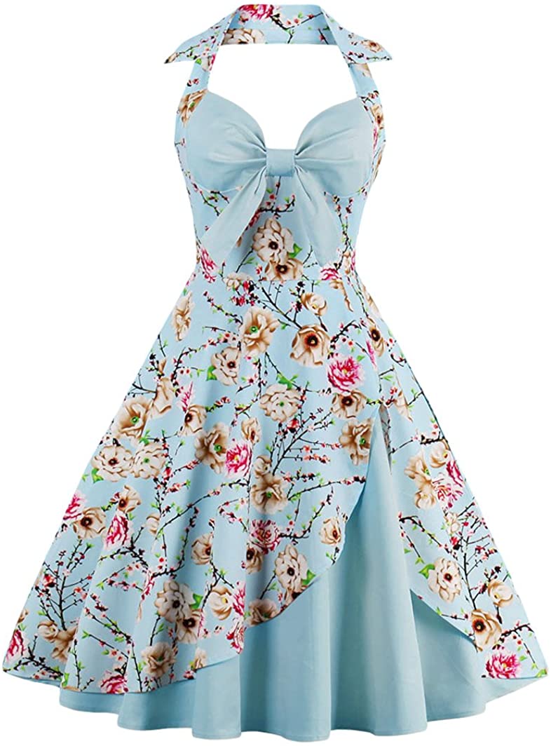Price:$29.99 ANCHOVY Women Vintage 50s Halter Dresses Floral Audrey Hepburn Bowknot Tea Dress C82 at Amazon Women’s Clothing store