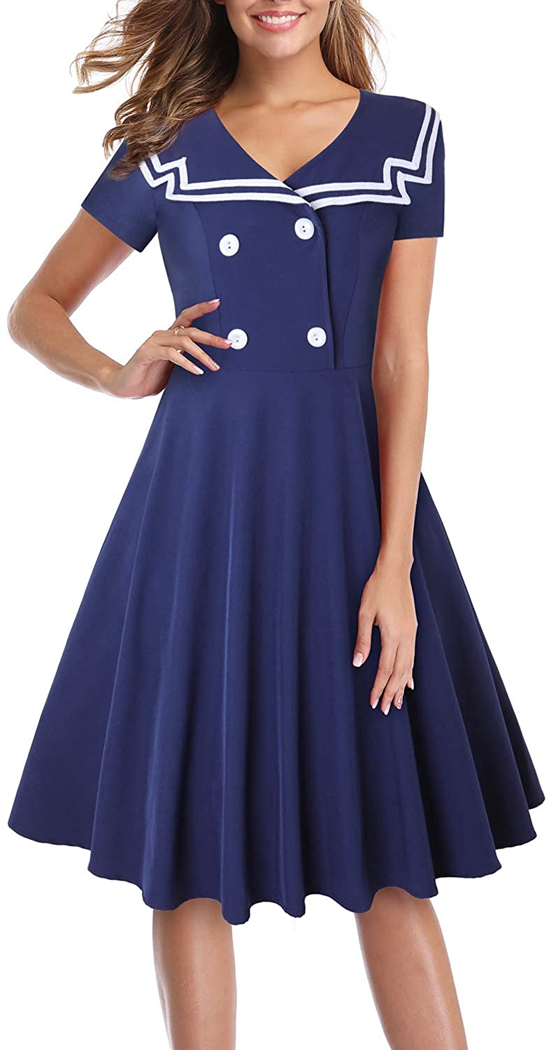 Price:$24.99    MISSJOY Halloween Sailor Dress for Women Fit and Flare Uniform Skirt Nautical A Line Dress  Clothing
