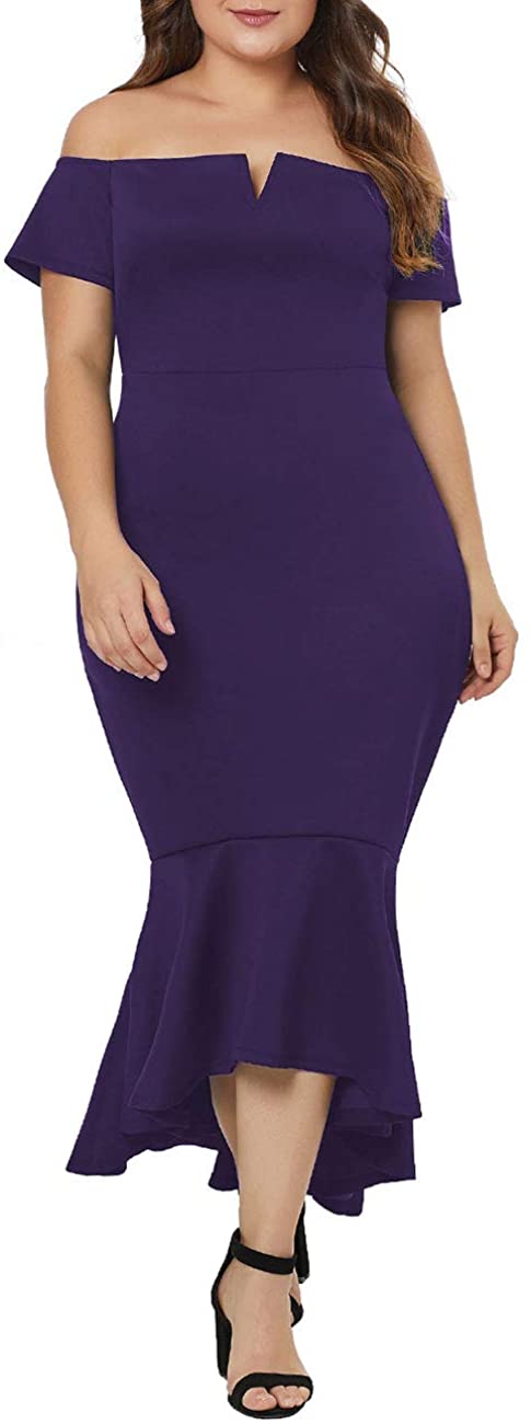 Price:$32.99 VINKKE Women's Plus Size Off Shoulder High Low Bodycon Mermaid Evening Party Midi Dress at Amazon Women’s Clothing store