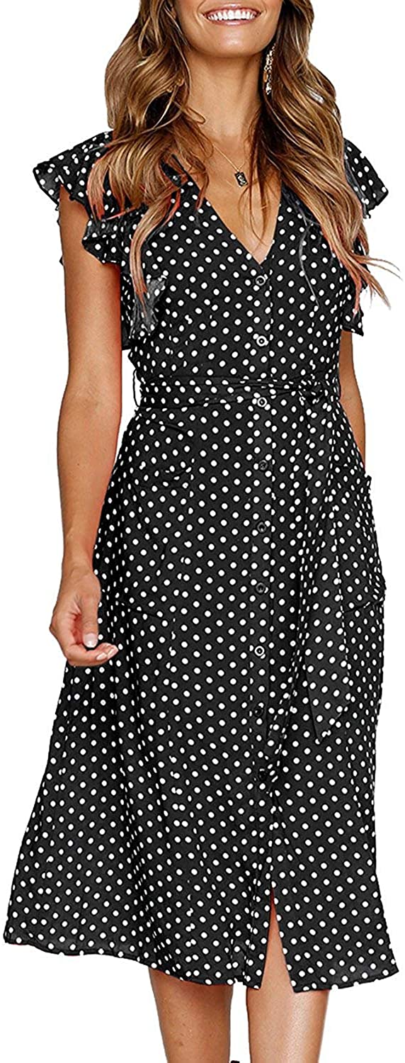 Price:$14.99 OURS Women Summer Polka Dots V Neck Sleeveless Button Down Midi Dresses with Pockets at Amazon Women’s Clothing store