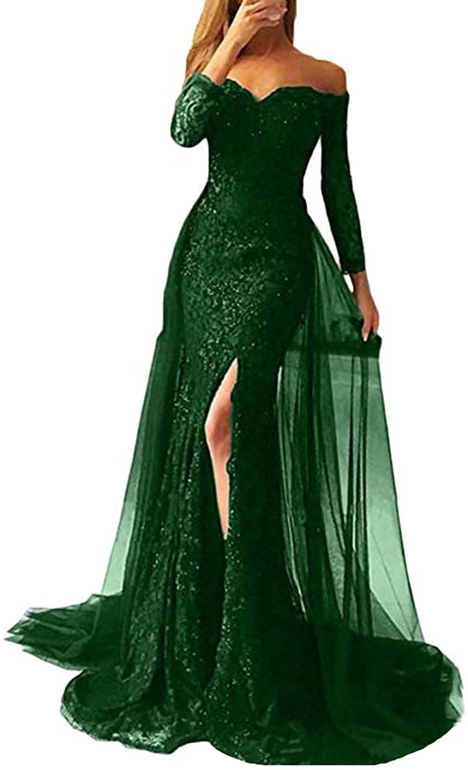 Price:$109.99 Fanao Women's Off-Shoulder Mermaid Split Prom Gown with Detachable Tulle Train at Amazon Women’s Clothing store