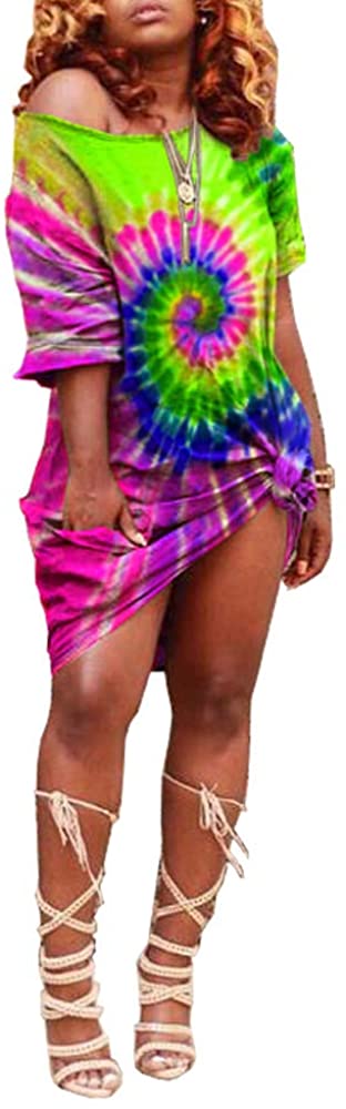 Price:$22.99 Womens Casual T Shirt Dress - One Off Shoulder Colorful Tie Dye Loose Dresses at Amazon Women’s Clothing store