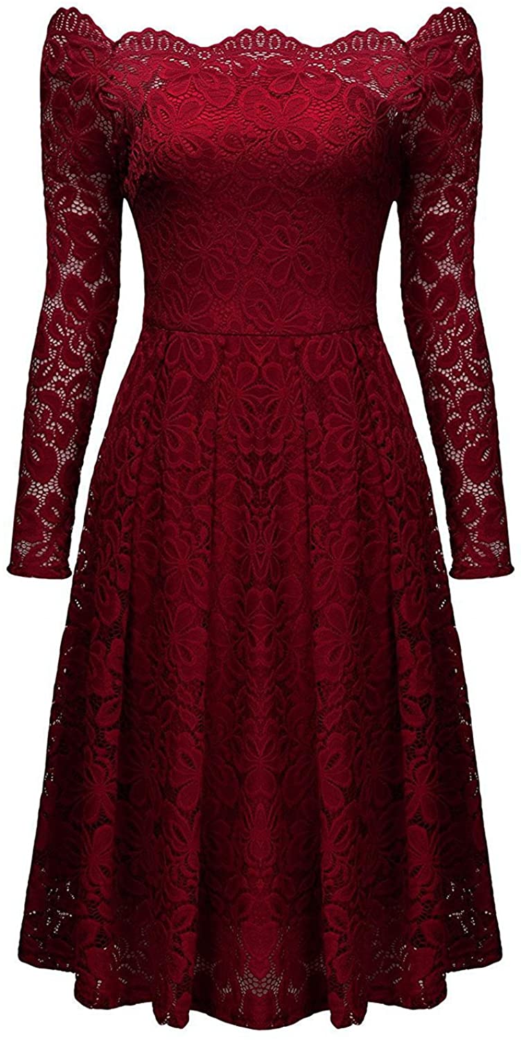 Price:$18.55    Aibwet Women's Vintage Dresses Floral Lace Off Shoulder Boat Neck Cocktail Formal Swing Dress  Clothing