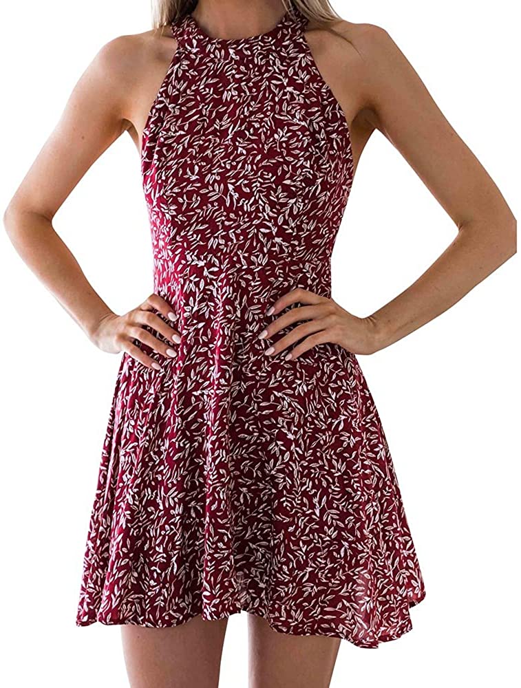 Price:$5.88    Xinantime Summer Teen Girls Halter Sleeveless Backless Dress A-Line Slim Skirt Dress Women Party Mini Dress  Clothing