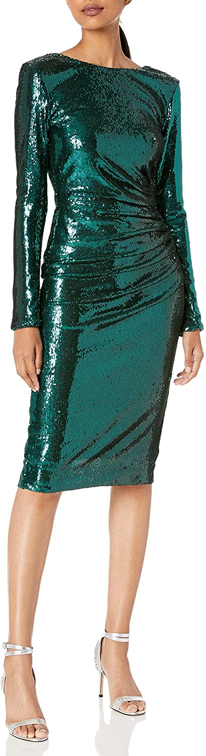 Price:$114.06 Dress the Population Women's Emilia Long Sleeve Stretch Sequin Drape Front Midi Sheath at Amazon Women’s Clothing store
