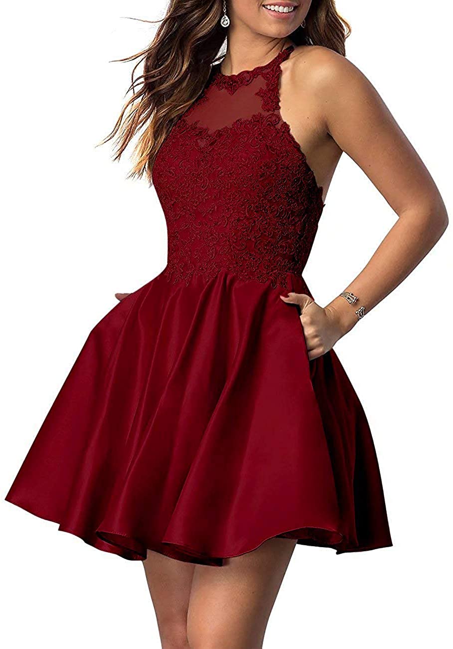 Price:$55.00    HofnDolce Women's Halter Sleeveless Homecoming Dresses Applique Short with Pockets Prom Gowns  Clothing