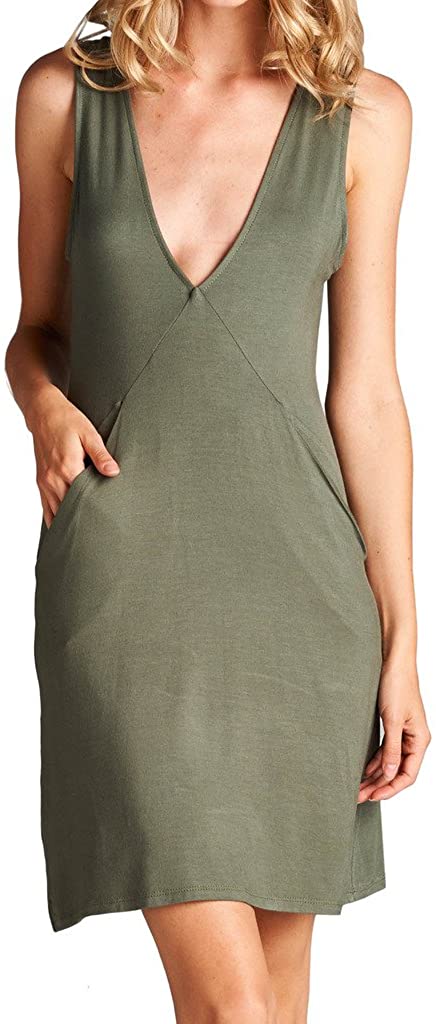 Price:$24.95    Loving People Solid Deep V Neck Sleeveless Tank Dress  Clothing