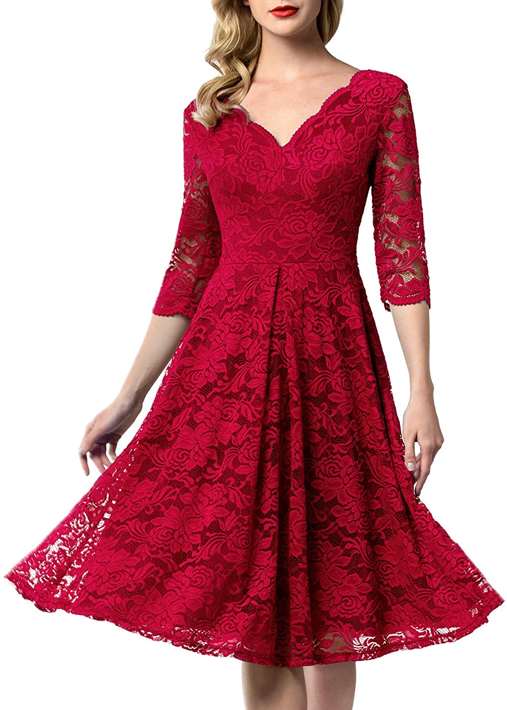 Price:$39.99    AONOUR 0056 Women's Vintage Floral Lace Bridesmaid Dress 3/4 Sleeve Wedding Party Midi Dress Dark Red M  Clothing