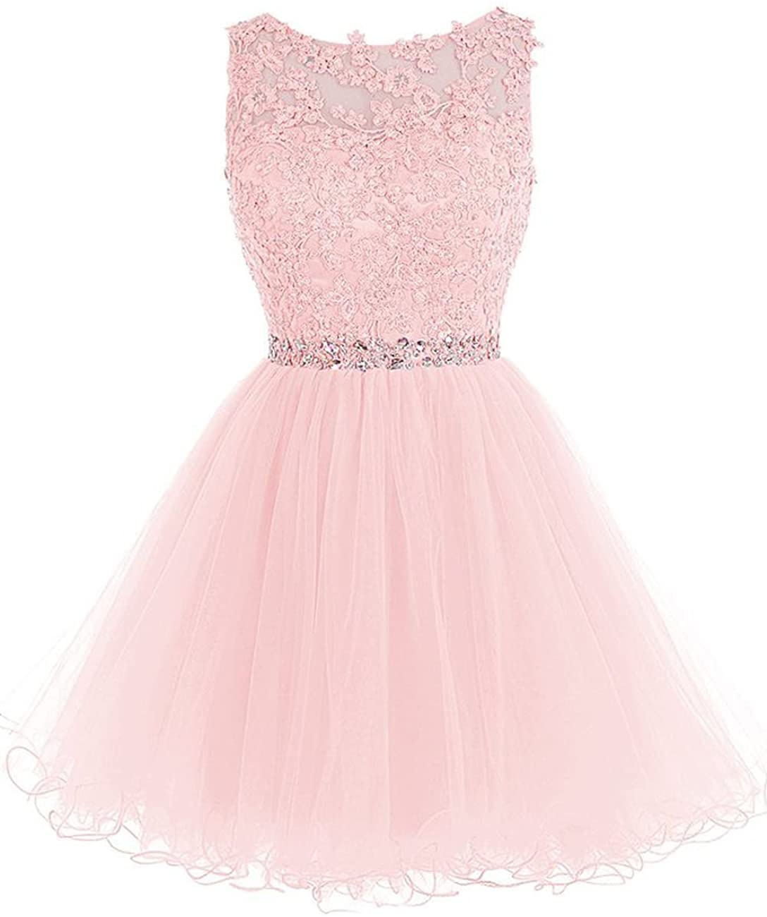 Price:$49.99    Short Homecoming Dresses Lace Open Back Cocktail Party Dress Tulle Prom Dress Appliques  Clothing