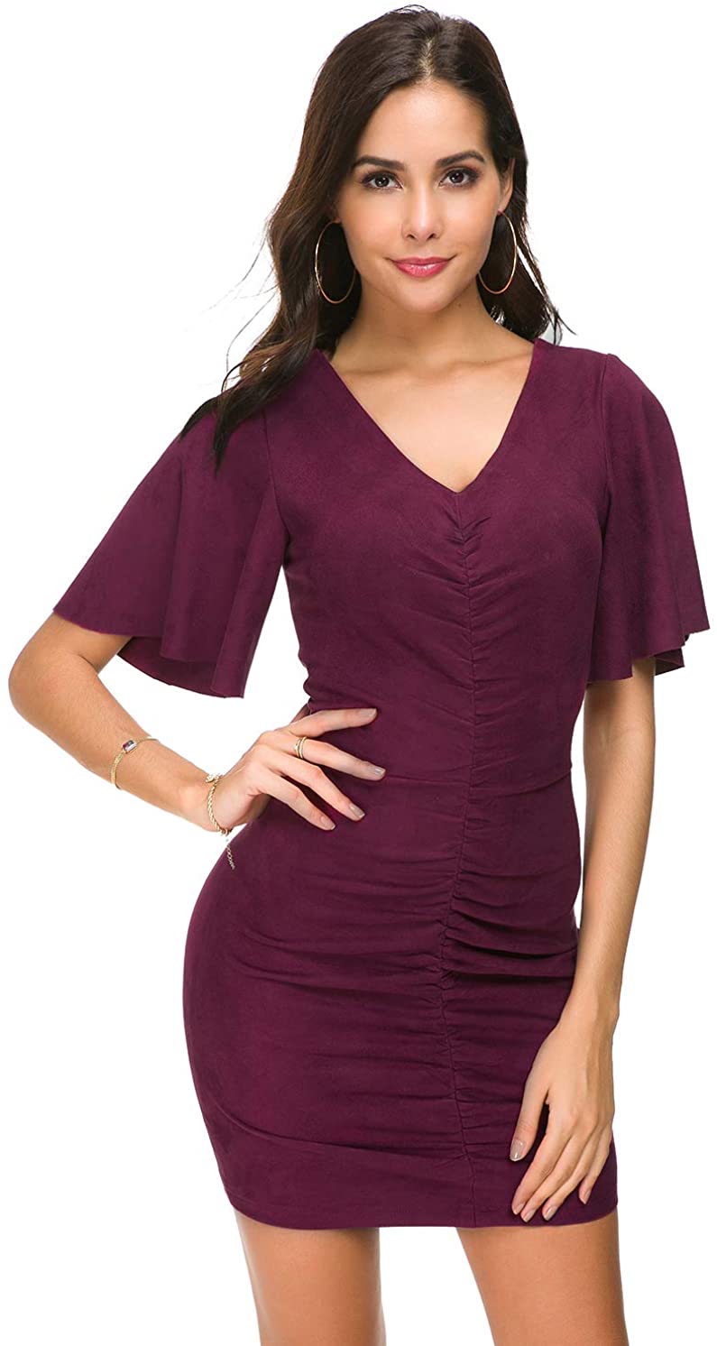 Price:$25.99    Wosalba Women Fitted Faux Suede Bell Sleeve V Neck Bodycon Ruched Party Cocktail Evening Short Dresses  Clothing