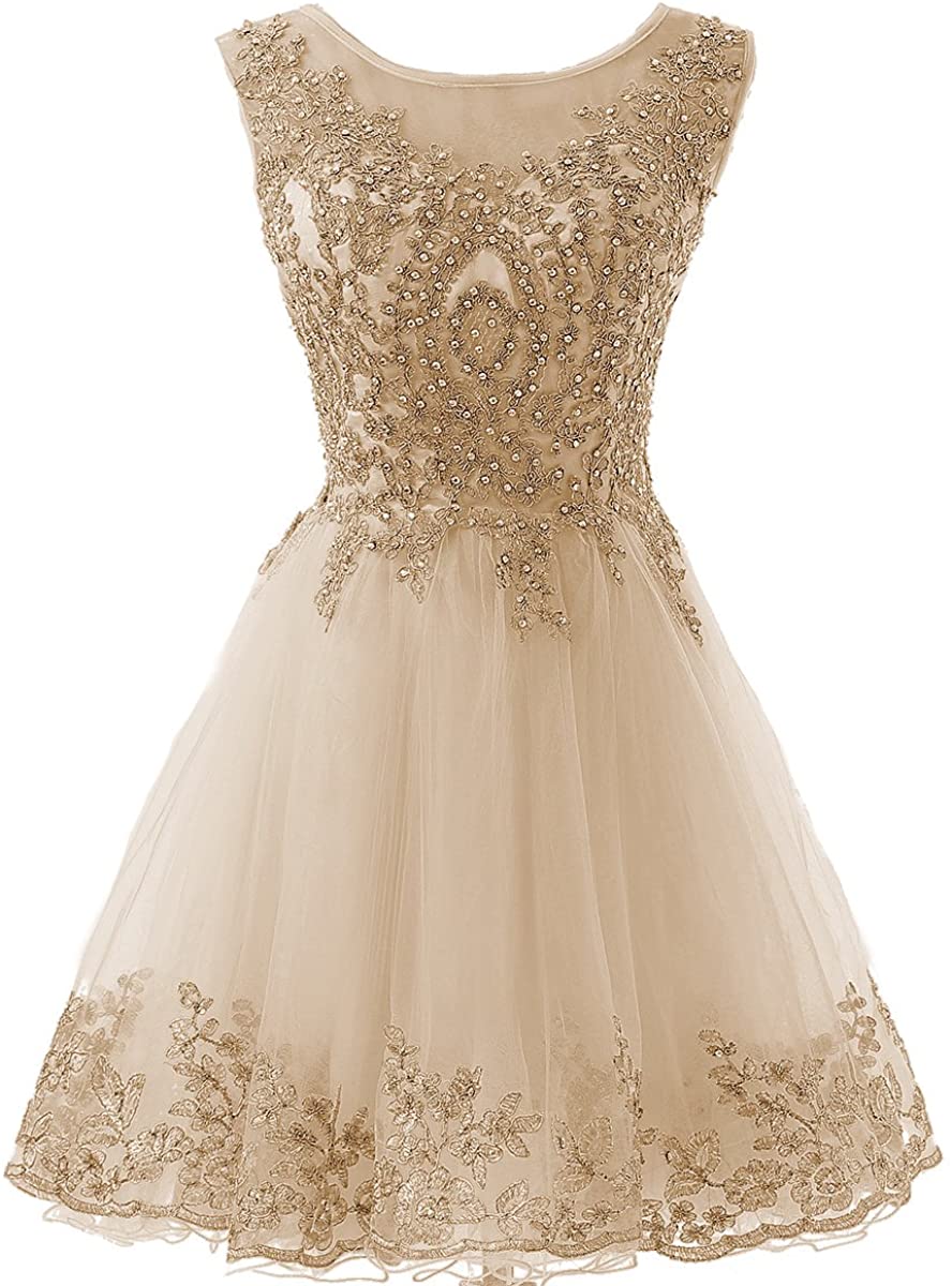 Price:$49.00    HEIMO Gold Lace Beaded Homecoming Dresses Short Sequined Appliques Cocktail Prom Gowns H130  Clothing