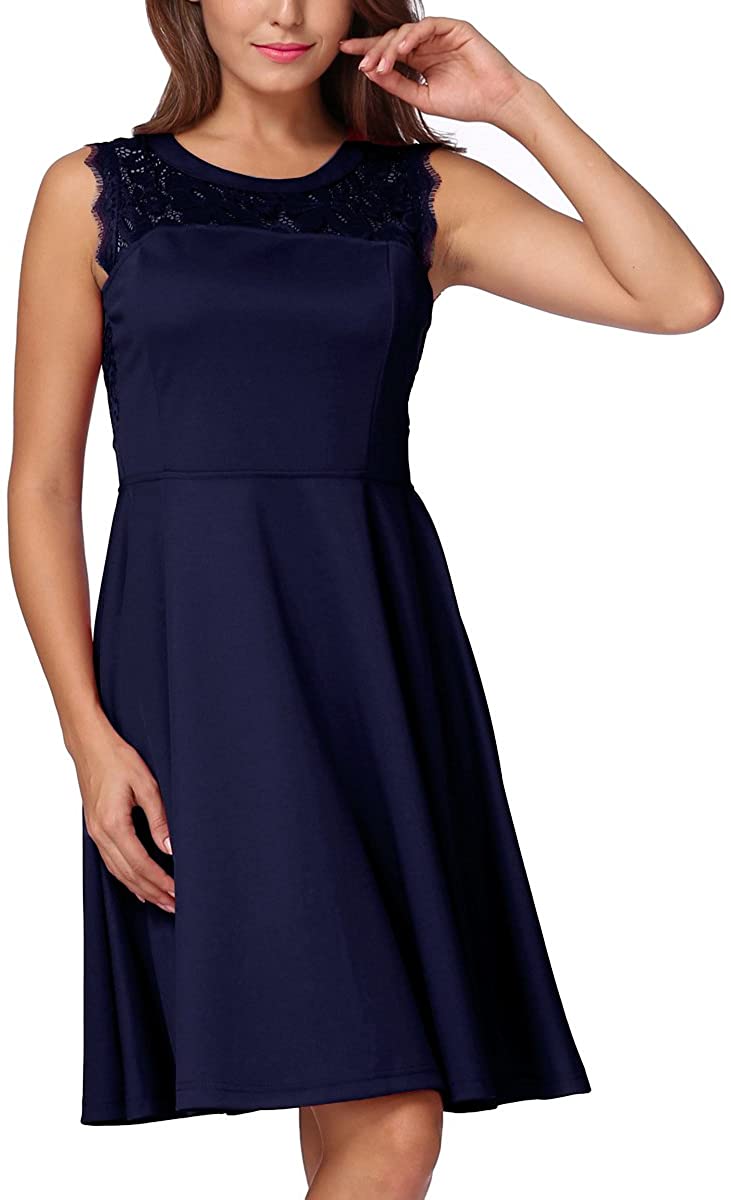 Price:$21.59    Mixfeer Women's A-Line Sleeveless Dress Lace Round Neck Pleated Cocktail Evening Party Dress  Clothing