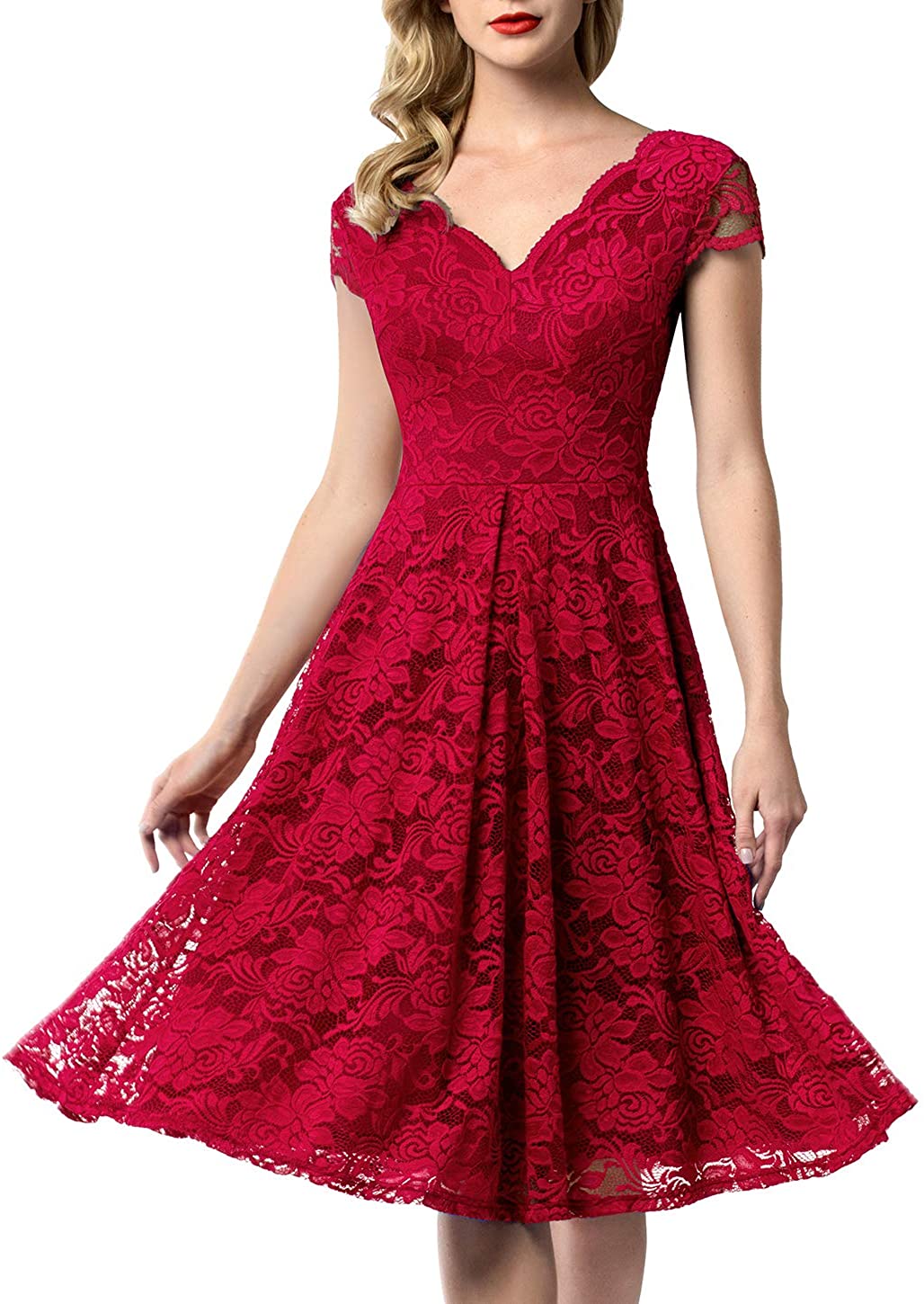Price:$38.99    AONOUR 0052 Women's Vintage Floral Lace Bridesmaid Dress Wedding Party Midi Dress Cap Dark Red XL  Clothing