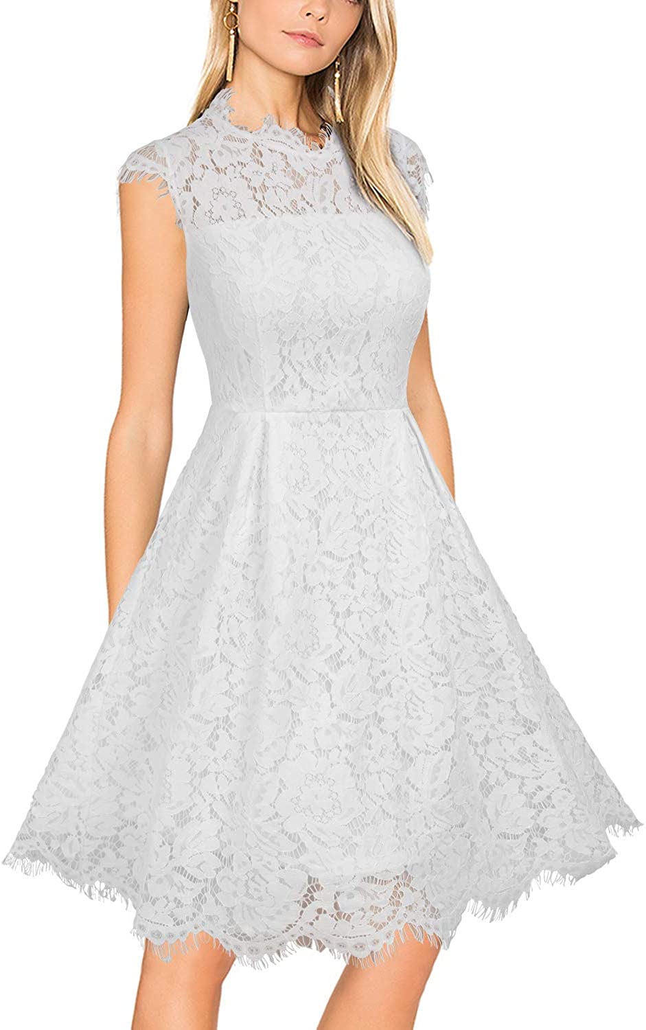 Price:$12.99    WOOSUNZE Women's Sleeveless Crew Neck Lace Floral Elegant Cocktail Party Swing Dress  Clothing