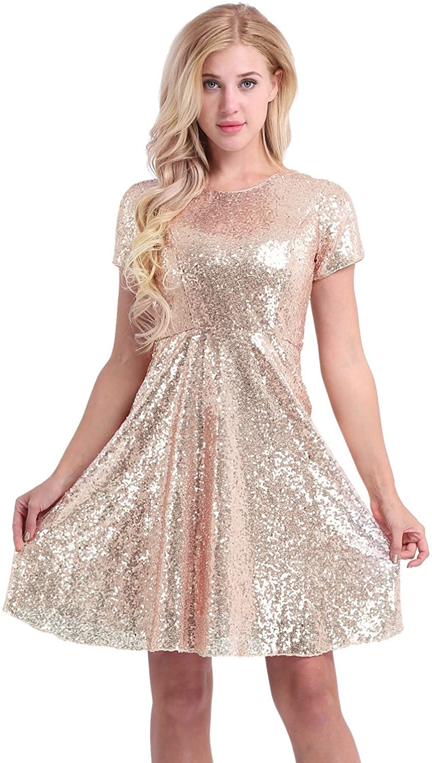 Price:$27.15    CHICTRY Women's Short Sleeve Sequins Cocktail Evening Party Bridesmaid A-line Dress  Clothing