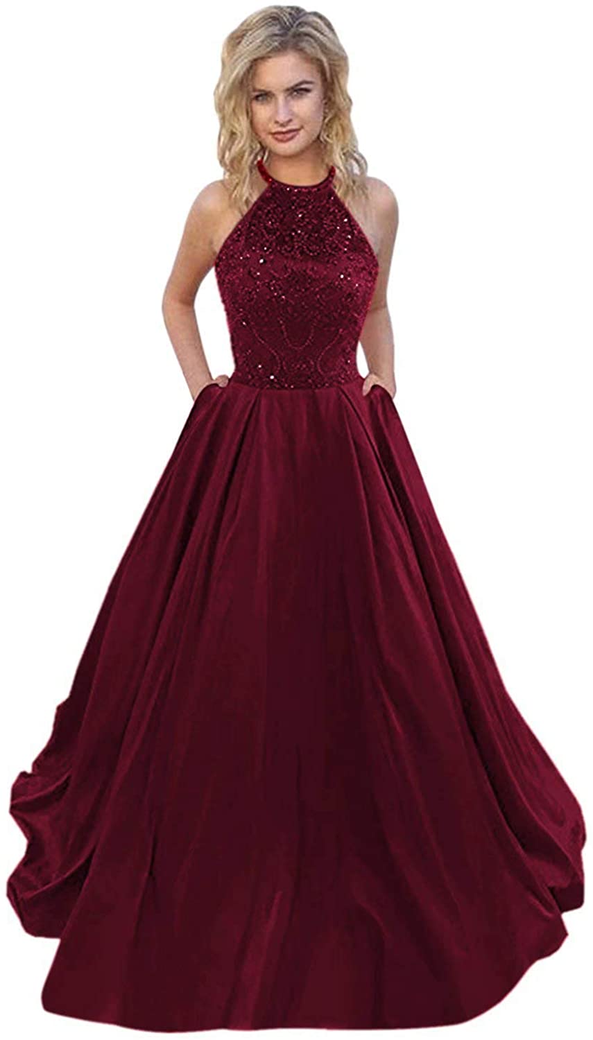 Price:$128.99    Lnxianee Women's Halter Beaded Prom Dresses Long Formal Satin Party Evening Gowns Burgundy  Clothing