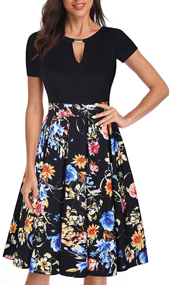 Price:$19.99    BILIKE JOMEX Women's Hollow Floral Print Vintage A-Line Cocktail Party 1950s Dresses with Pockets  Clothing