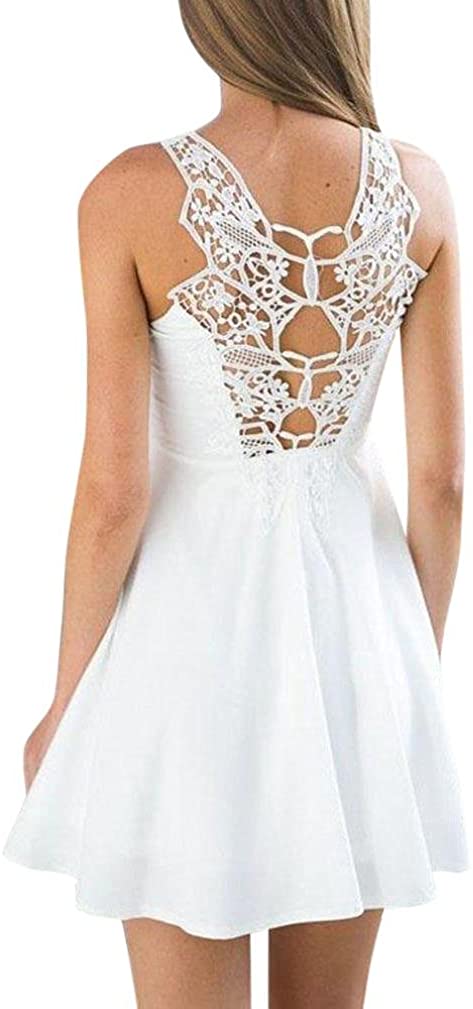 Price:$10.27 HOSOCHRIS Women Boho Back Lace Mini Dress Sleeveless Evening Party Summer Beach Sundress at Amazon Women’s Clothing store