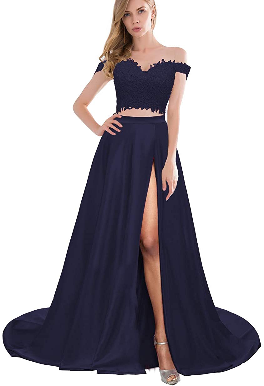 Price:$19.99 Lover Kiss Long Two Piece Prom Dresses with Lace Satin Formal Homecoming Party Gown for Juniors at Amazon Women’s Clothing store