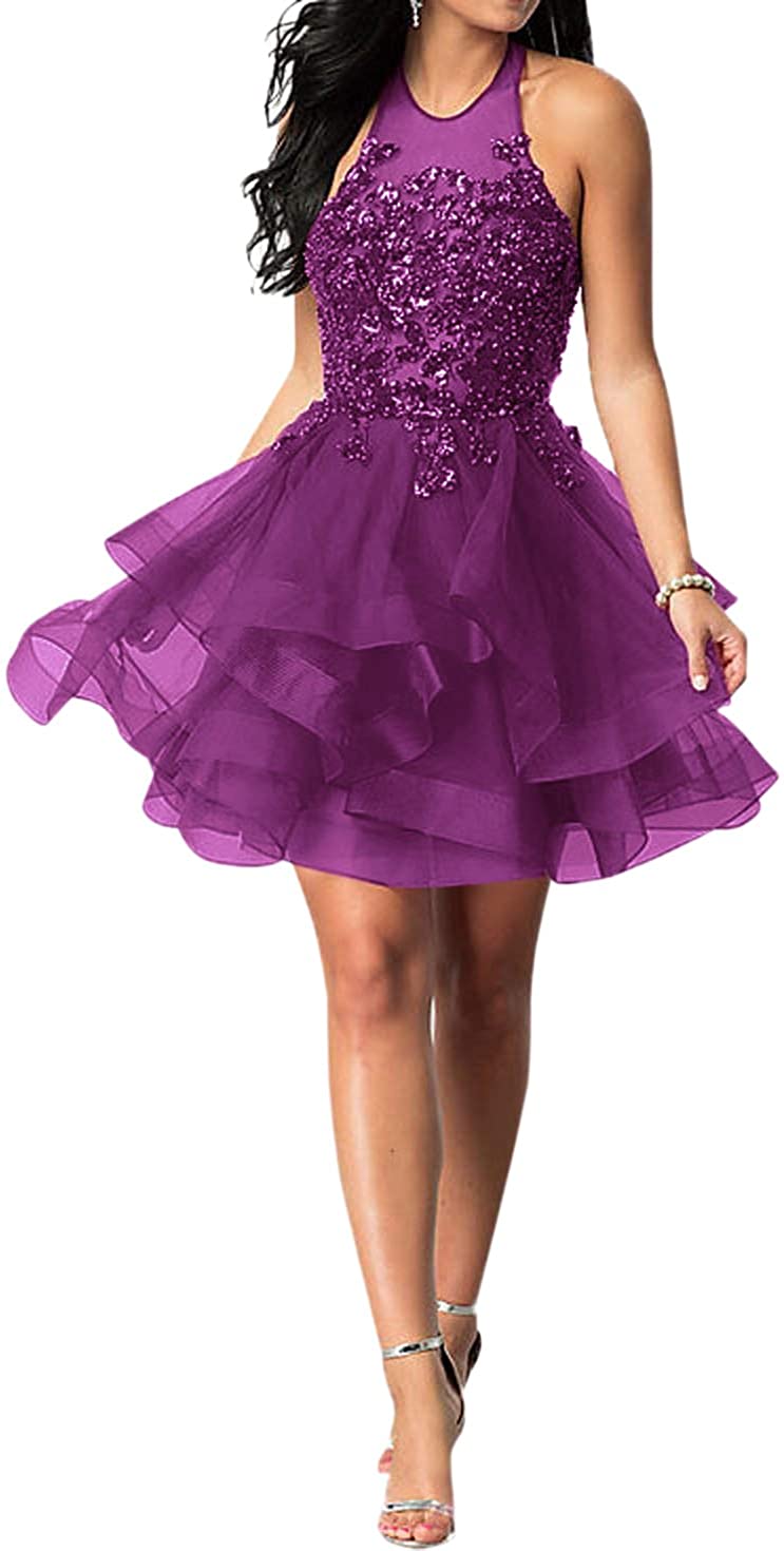Price:$86.99    LeoGirl Womens Lace Illusion Short Prom Dress Junior Sweet Ruffled Ball Gown  Clothing