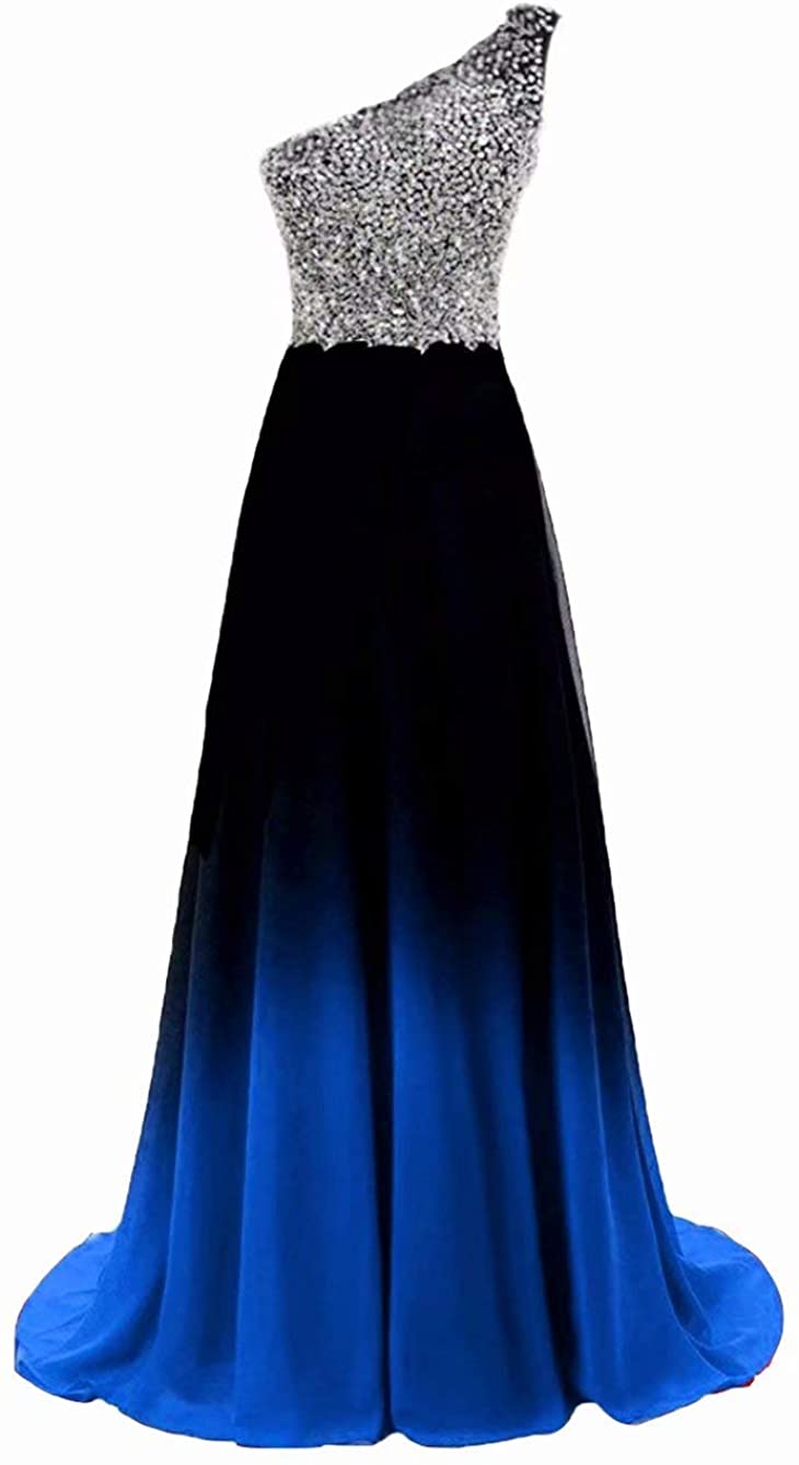 Price:$129.99    One Shoulder Sequins Ombre Long Bridesmaid Dress Chiffon A Line Party Dress Black&Blue G 14  Clothing