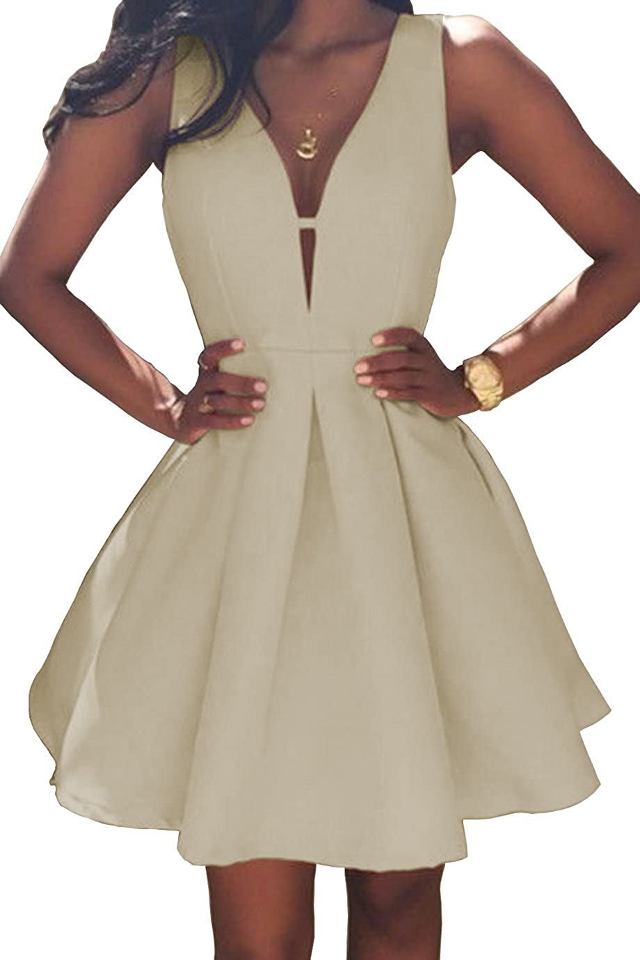 Price:$8.99    YORFORMALS Women's V-Neck A-line Satin Homecoming Dress Short Formal Evening Party Gown with Ruched Skirt  Clothing