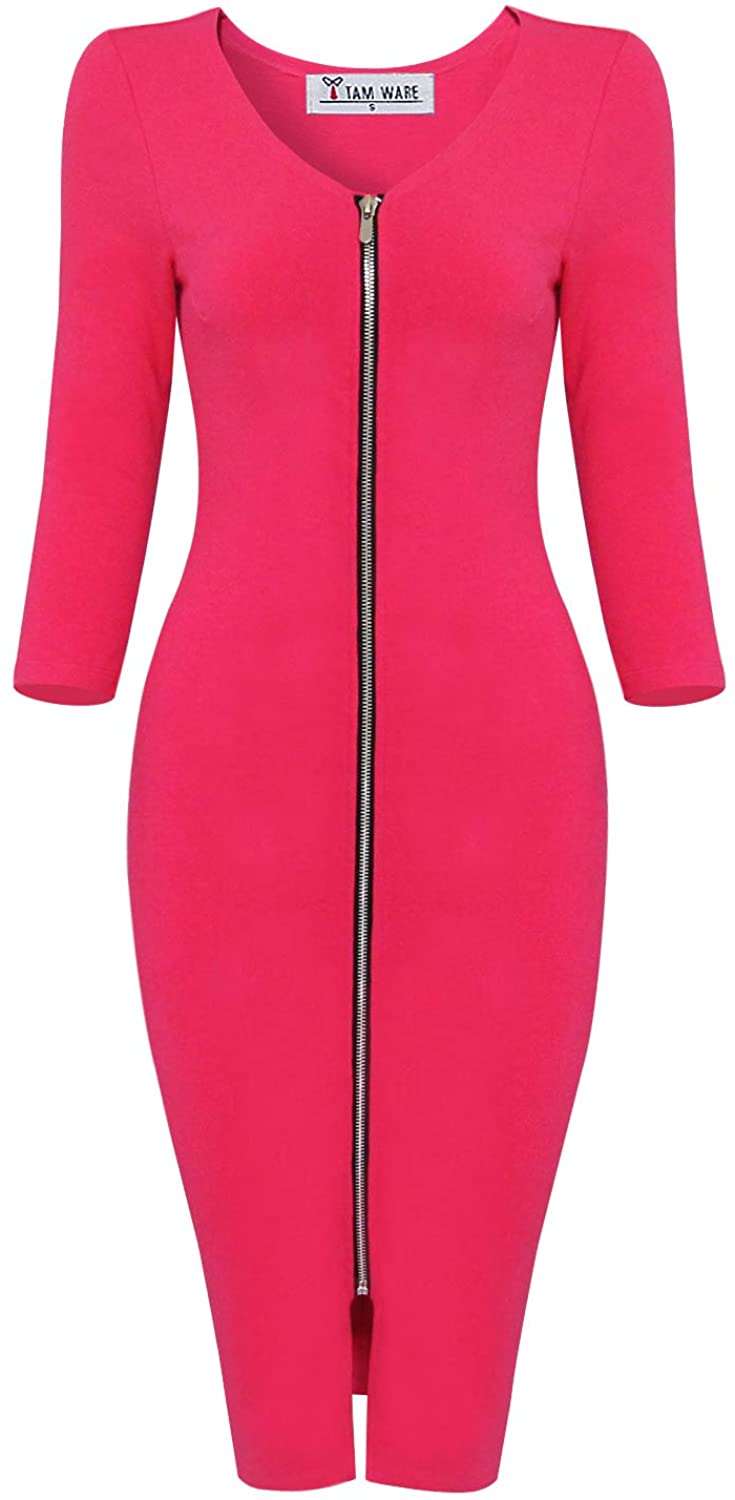 Price:$18.27    TAM WARE Women's Sophisticated Front Zip 3/4 Sleeve Bodycon Midi Dress by Tom's Ware  Clothing
